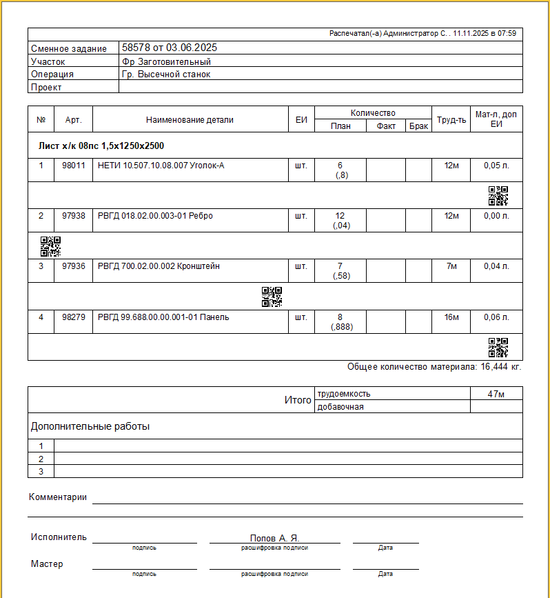 Бланк сменного задания